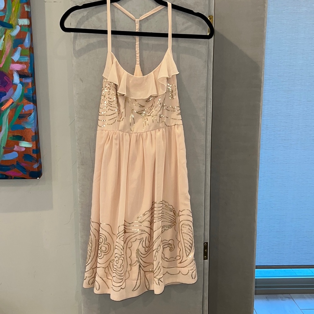 NWOT Johnny Martin gold sequin blush halter long top size 3